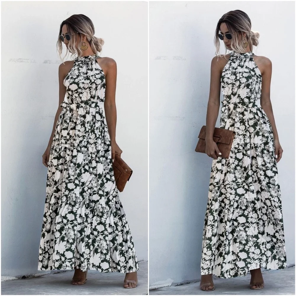 Boho Pastel Green Floral Print Halter Maxi Dress Ruffle - Picture 6 of 13
